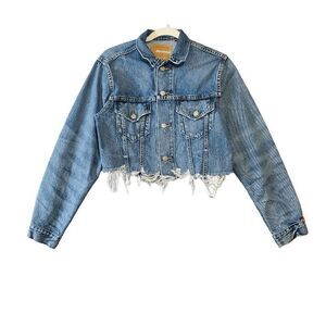 Denimist Women's Distressed Hem Long Sleeve Agnes Cropped Trucker Jacket Small